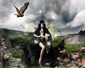 Goddess of Fantasy, black, goddess, bird, fantasy HD wallpaper