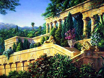 Mediterranean Gardens, palms, artwork, painting, plants, monument, flowers, pillars HD wallpaper