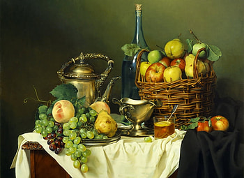 bounty spread, table, grapes, goblet, stilllife, basket, apples, glass, fruit, wall, cloth, spoon, teapot, wine HD wallpaper