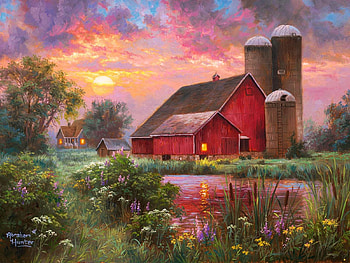 End Of The Day, barn, trees, clouds, grass, sky, sunset, pond, wildflowers, artwork, painting HD wallpaper