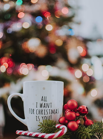 Festive Christmas mug with candy cane, ornaments, and tree lights creating a cozy holiday vibe. HD phone wallpaper