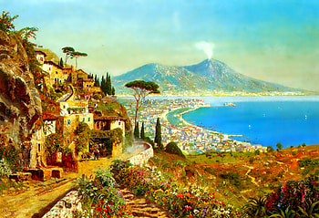 Painting, sea, city, trees, paintung, tree HD wallpaper