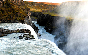 Gullfoss Waterfall, part of the Golden Circle in Iceland, river, mountains, rocks, canyon HD wallpaper