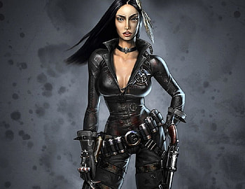 High Noon, black, bullets, skull, necklace, feather, fantasy, cg, gun, female HD wallpaper