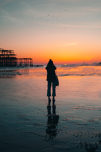 Sunset, Sea, Beach, Dark, Silhouette, Loneliness HD phone wallpaper