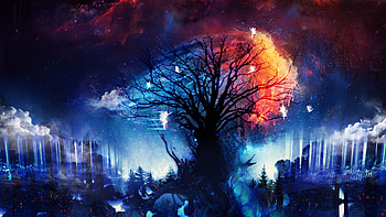 Silhouettes, Art, Night, Wood, Tree, Fairies HD wallpaper