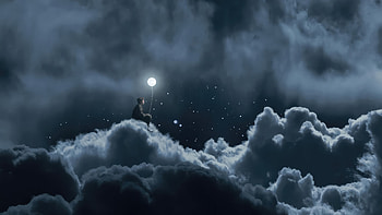 A Boy Holding The Moon Balloon Sitting On The Clouds, alone, moon, sky, clouds, artist, artwork, digital-art HD wallpaper
