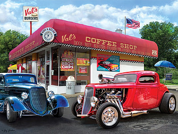 Val's Coffee Shop, artwork, hot rods, house, cars, digital HD wallpaper