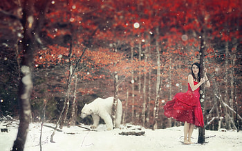 Winter fantasy, winter, white, polar bear, girl, orange, dress, tree, woman, fantasy, snow, red, leaf, forest HD wallpaper