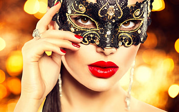 Beauty, bokeh, golden, black, model, mask, girl, woman, lipstick, yellow, red, face, lips HD wallpaper