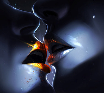 Last kiss by Joao Dias, blue, art, fantasy, joao dias, couple, lips, kiss, mouth, yellow HD wallpaper