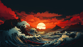Crimson Tide Sunset, sunset, ocean, wave, Ocean Waves HD wallpaper