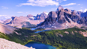 Assiniboine Mountain, British Columbia, lakes, clouds, trees, sky, forest, canada HD wallpaper
