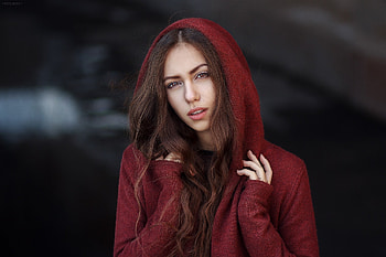 Red hood, girl model, long hair HD wallpaper