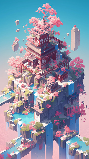 Isometric Japanese Cherry Blossom, cherry blossom, Japanese, fantasy, landscape, fantasy landscape HD phone wallpaper