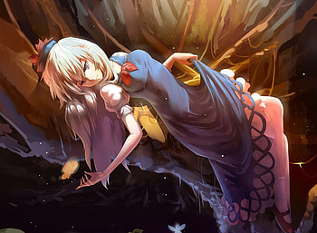 Kamishirawa Keine, pixiv id 2482277, red eyes, long hair, dress, butterfly, kamishirawa, blue dress, water, fs-project, hat, keine, fairy, leaves, lying, anime, white hair, touhou HD wallpaper