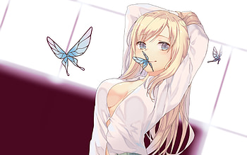 Kashiwazaki Sena, blond hair, blonde, nice, boku wa tomodachi ga sukunai, wing, maiden, blonde hair, happy, female, plain, sexy, white, smile, gorgeous, hot, ond, girl, anime girl, simple, anime, pretty, lovely, blue, cute, sena, long hair, shirt, beauty, lady, butterfly, wings, sena kashiwazaki, beautiful, elegant, swee HD wallpaper