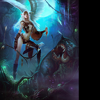 Hunter, pointed ears, wings, elve, beautiful, anime, fantasy, abstract, valkyrie, arrow, bow, legs HD wallpaper