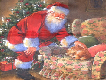 Santa, dog, puppy, holiday, chritmas HD wallpaper