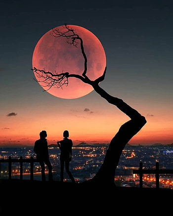 Beautiful sunset, afterglow, sky, couple, moon HD phone wallpaper