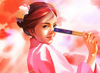 Japanese girl, japanese, asian, art, saisai ye, girl, orange, fan, pink, fantasy, face, luminos HD wallpaper