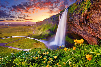 Incredible sunset on Seljalandsfos, Iceland, wildflowers, waterfall, view, sky, beautiful, rocks, sunset HD wallpaper