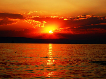 Sunset, red, sky, nature, lake HD wallpaper