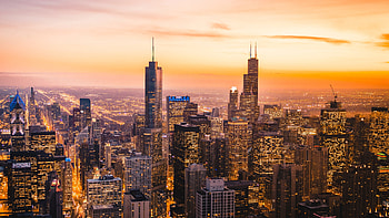 Chicago skyline, Cityscape skyscrapers, Dawn sunset, World HD wallpaper