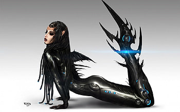 Cyborg Mermaid, cyborg profile, mermaid, black, pose, fantasy, art, girl, tail HD wallpaper