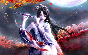 Music, Fantasy, Leaves, Girl, Pipe, Wind, Fife HD wallpaper