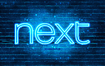 Next blue logo, , blue brickwall, Next logo, brands, Next neon logo, Next HD wallpaper