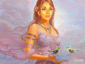 Feeding Time, pink, birds, fantasy, clouds, woman HD wallpaper