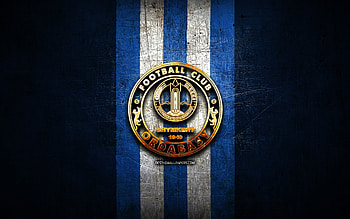 Ordabasy FC, golden logo, Kazakhstan Premier League, blue metal background, football, Kazakh football club, FC Ordabasy logo, soccer, FC Ordabasy HD wallpaper