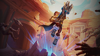 Overwatch : Dynamic Action Scene in Desert Canyon, video game, Overwatch HD wallpaper