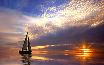 Sail boat travels, Sky sailing, Stunning sunset, Cloud formations HD wallpaper