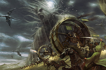 Battle, pixiv fantasia, horse, magic, guns, deadly, wheels, horses, dragons, anime, fantasy, swords, men, dragon, sky HD wallpaper