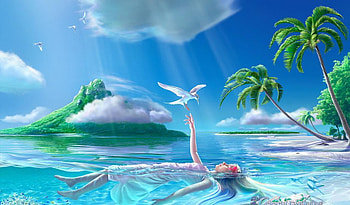 Girl-in-Blue-water, blue, palms, bird, girl, beach, 3d, fantasy, clouds, sky, water, clear HD wallpaper