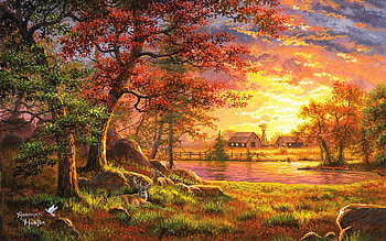 A Place to Call Home, barn, artwork, painting, deer, fence, trees, sunset, countryside, pond HD wallpaper