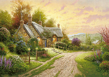 The evening house, Cottage, Flowers, Road, Summer HD wallpaper