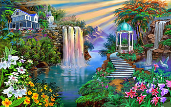 Magical Waterfall, gazbo, painting, waterfall, colors, hill, home HD wallpaper