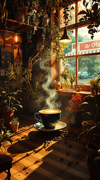 Sunlit Lofi Coffeehouse — , coffee, plant HD phone wallpaper