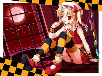 Flandre Scarlet, cute, girl, dress, moon, touhou, short hair, blonde hair, hat HD wallpaper