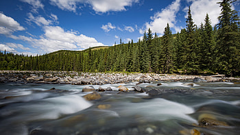 Forest stream, Kananaskis County, Alberta, clouds, landscape, trees, sky, canada, rocks, water, forest, hills HD wallpaper