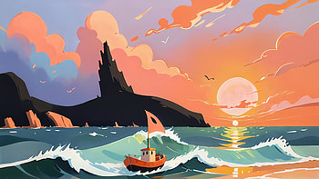 Sunset Drawing, sunset, wave, sea, ocean, sky, Ocean Waves HD wallpaper