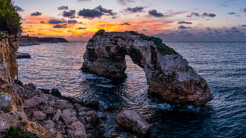 Spain Mallorca sky, Arch rock coast, Sea clouds island HD wallpaper