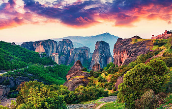 Summer Sunset Kalabaka, Greece, rocks, mountains, landscape, colors, trees, clouds, sky HD wallpaper