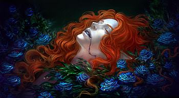 The Fallen, orange hair, blue rose, floral, red hair, sleeping, long hair, rose, 3d, cg, petals, flower, fantasy girl, , female, blossom, sleep, roses, girl, anime girl, lying, anime, redhead, realisti HD wallpaper