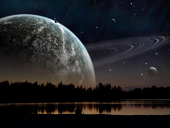Lunar descent, planets, moon, person, trees, space, sky, water HD wallpaper