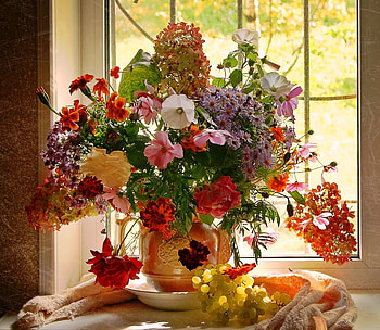 Window with flowers in summer, colorful, natural, window, different colored, vase, beautiful, summer, still life, pink, simple, light, nature, flowers, joyful HD wallpaper