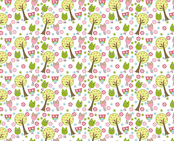 Texture, white, bird, paper, owl, tree, pink, green, pattern HD wallpaper